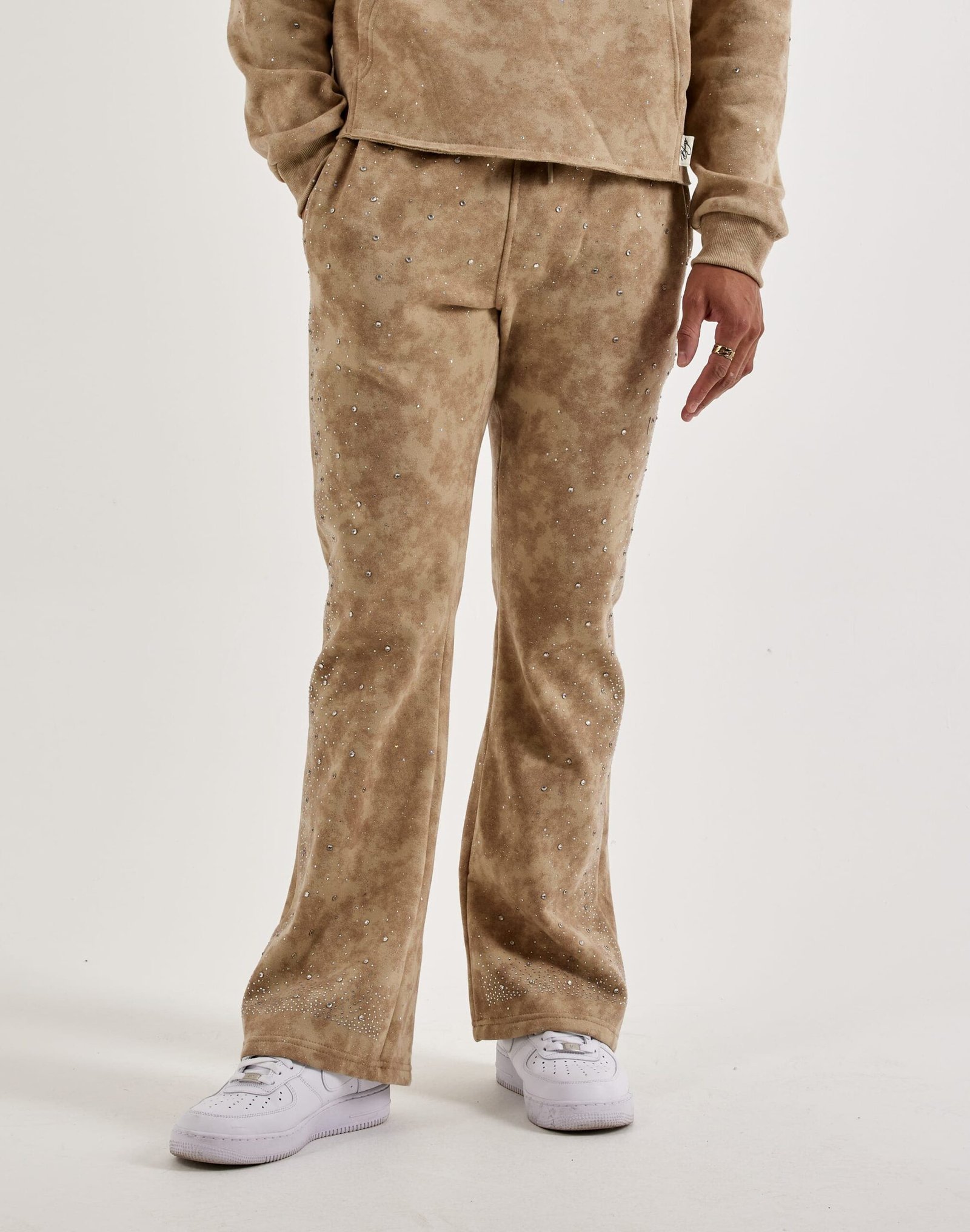 bkys_P1341_20khaki_M-057 BKYS Rhinestone Stacked Track Pants - Image 1