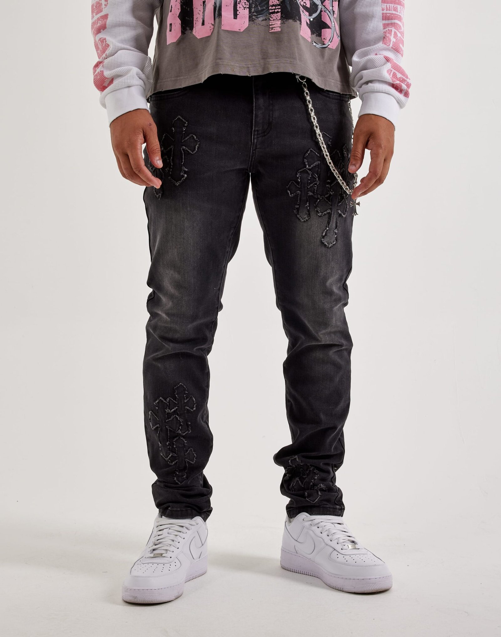 kilogram_KG15066-BLACK_20WASH_M-124 Kilogram Slim Chain Cross Patch Denim Jeans - Image 1